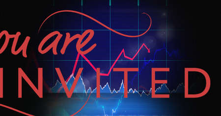 You are invited text over multiple graphs against grid network on blue background. global finance...