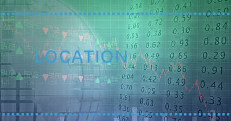 Location text over stock market data processing on green background. global finance and technology...