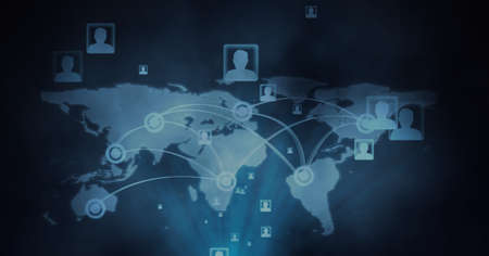 Network of multiple profile icons over world map against blue background. global networking and...