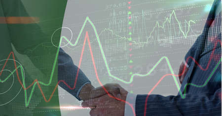 Composition of financial data processing over businessman handshake. global finance and business...