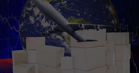 Delivery boxes and airplanes over globe against stock market data processing. global finance and logistics business conceptの写真素材