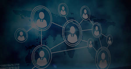Network of multiple profile icons and data processing over world map against blue background. global...
