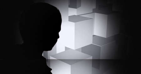 Composition of black boy silhouette over 3d blocks. global ideas and thinking concept digitally generated image.の写真素材