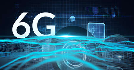Composition of 6 g text over screen and scope with blue light trails. global networking and...