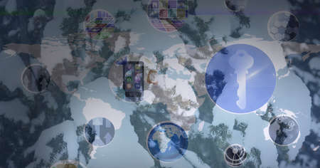 Composition of network of connections with icons over winter landscape. global connections and...