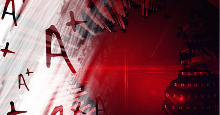 Composition of a plus rating over binary coding on red background. global networking, technology and...