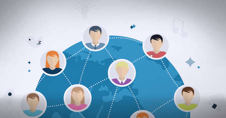 Network of multiple profile icons over globe against grey background. global networking and technology conceptの写真素材