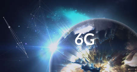 Composition of 6g text over globe with connections on glowing blue background. global networks,...