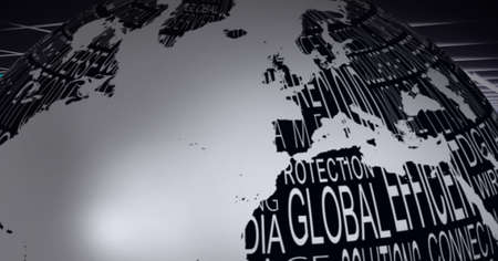 Composition of globe formed with eco text on black background. global technology, eco living, sustainability and energy concept digitally generated image.の写真素材