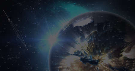 Composition of network of connections over globe on blue background. global networking and...