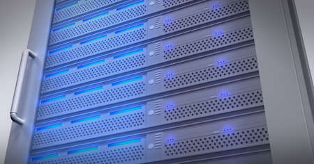Composition of close up of blue lit computer server. global data processing, technology and...