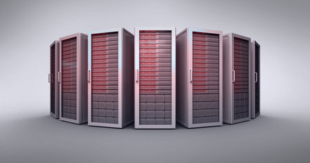 Composition of circle of red lit computer servers. global data processing, technology and computing...