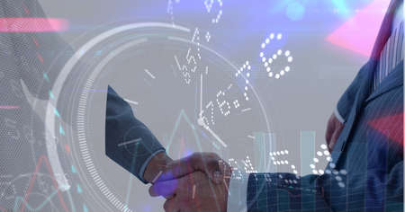 Composition of scope scanning and financial data processing over businessman handshake. global...