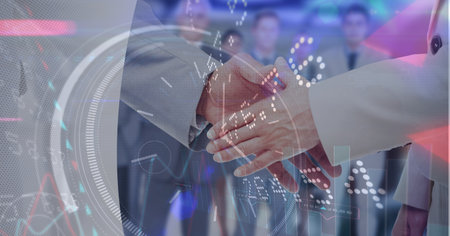 Composition of scope scanning and financial data processing over businessman handshake. global...