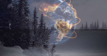 Composition of glowing connections around globe on night countryside landscape. global environment,...