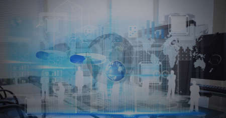 Composition of statistics and data processing over globe and world map with people silhouettes....