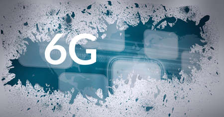 Composition of 6g text over splodges on screens and white and blue background. connection, communication and networking concept digitally generated image.の写真素材