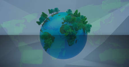 Composition of forest growing on planet earth over green world map in background. environment and...