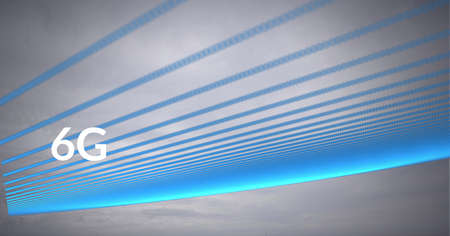 Composition of 6g text over glowing blue light trails and grey background. global connection,...