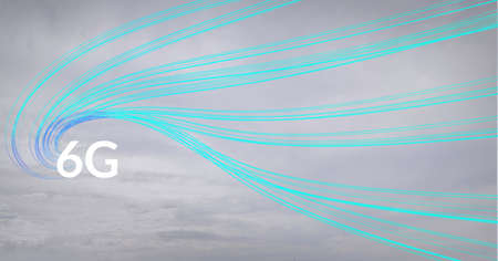 Composition of 6g text over glowing blue light trails on grey background. global connection,...