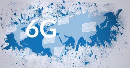 Composition of 6g text over splodges and email envelopes on white and blue background. connection, communication and networking concept digitally generated image.の写真素材
