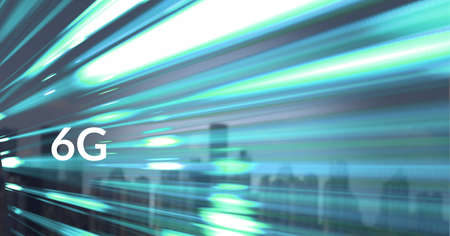 Composition of 6g text over glowing blue light trails and cityscape. global connection, networks,...