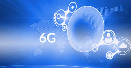 Composition of 6g text over networks of white people icons on world map on blue background. connection, communication and networking concept digitally generated image.の写真素材