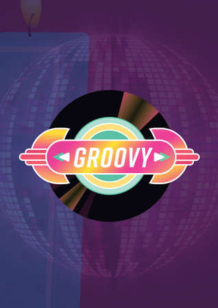 Composition of retro groovy text over vinyl record and purple mirror disco ball. celebration, entertainment and party concept digitally generated image.の写真素材