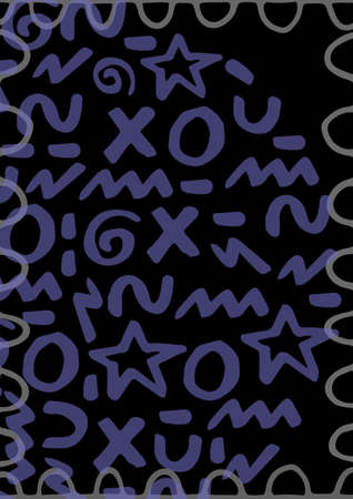 Composition of purple and grey squiggles and stars on black background. shape and colour concept...