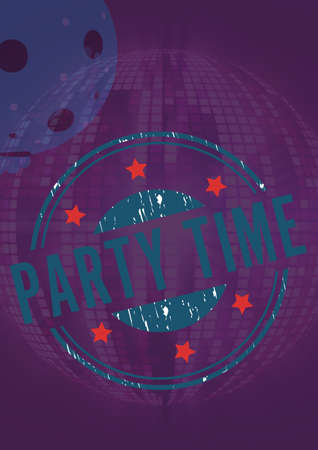 Composition of retro party time text over purple mirror disco ball. celebration, entertainment and party concept digitally generated image.
