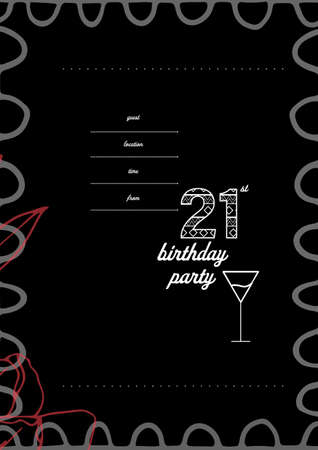 Composition of 21st birthday party text with copy space and red leaf pattern on black background. birthday party invitation and celebration concept digitally generated image.の写真素材