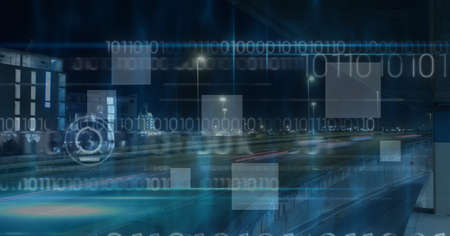 Composition of scope scanning, white screens and binary coding over cityscape. global data...