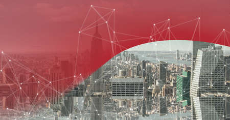 Composition of network of connections over cityscape with red curved banner background. digital...