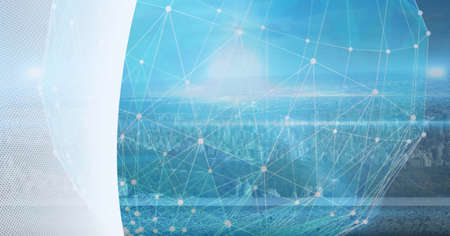 Composition of globe of connections over cityscape with white banner. global networks and...
