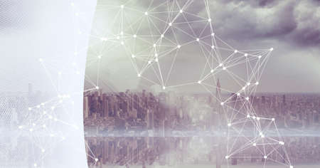 Composition of network of connections over cityscape with white curved banner background. digital interface and networking concept digitally generated image.の写真素材