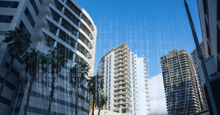 Composition of binary coding over cityscape. global data processing and digital interface concept...