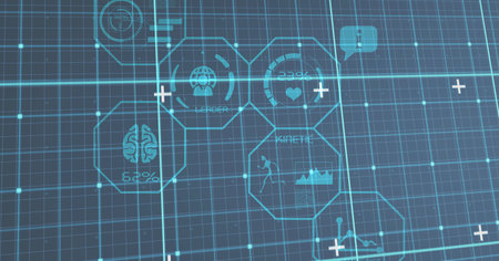 Composition of medical icons and data processing on grid over black background. global medicine,...