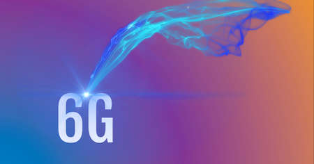 Composition of 6g text over blue light trails on gradient purple to orange background. global...