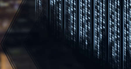Composition of binary coding over arrow and out of focus cityscape. global data processing,...