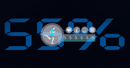 Composition of sports icons with data processing and blue 55 percent on black background. global sports, physical activity, medicine and data processing concept digitally generated image.の写真素材