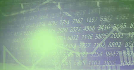 Digital interface screen with glowing green numbers, charts and information on dark background. global communication technology digital interface concept, digitally generated image.の写真素材