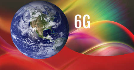 Composition of 6g text with plane earth and glowing light trails of connections. global networks and connection concept digitally generated image.の写真素材