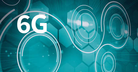 Composition of 6g text over scopes scanning and hexagons on green background. global networks, connections and data processing concept digitally generated image.の写真素材
