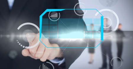 Composition of businessman touching interactive screen with scopes and data processing. global...