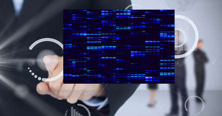 Composition of businessman touching interactive screen with scopes and data processing. global...