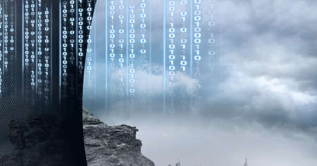 Composition of binary coding over clouds, landscape and grey edge. global data processing, business, connections and technology concept digitally generated image.の写真素材