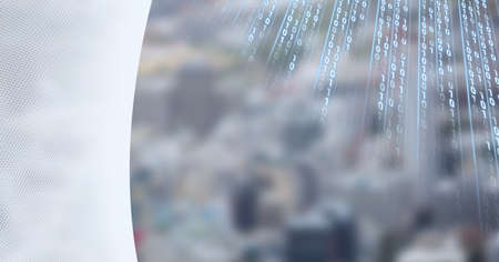 Composition of binary coding over cityscape and white edge. global data processing, business, connections and technology concept digitally generated image.の写真素材