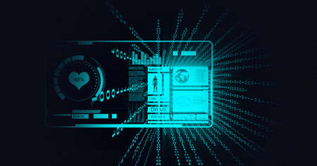Composition of binary coding, medical icons and data processing on screen circle on black...