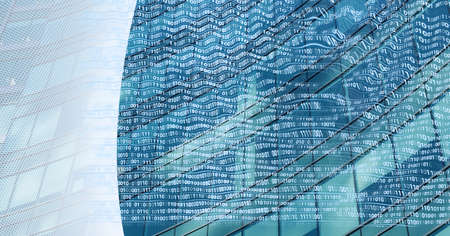 Composition of binary coding over modern office building. global business, connections and...