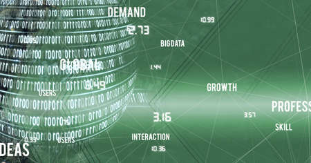Composition of technology text, binary coding and network of connections on green background. global...